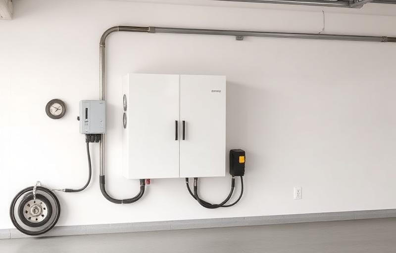 Home battery storage unit mounted on garage wall